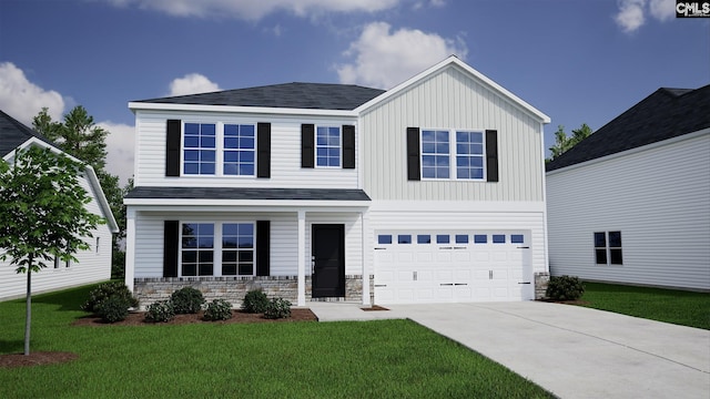 view of front of property with driveway, a front lawn, an attached garage, and stone siding