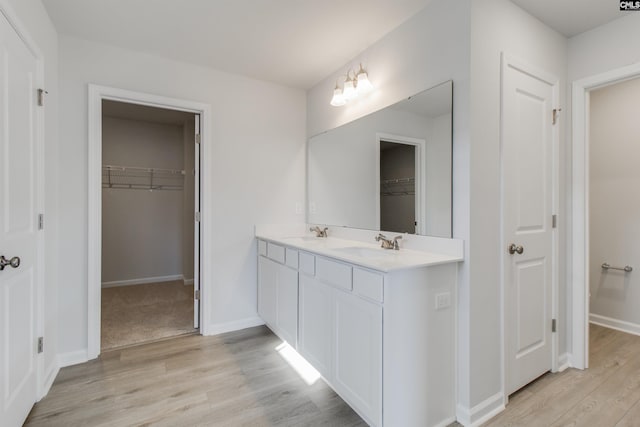 bathroom featuring a walk in closet, a sink, baseboards, and wood finished floors