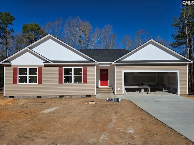 single story home featuring a garage, crawl space, and driveway