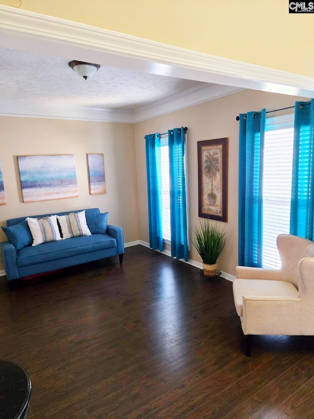 living area featuring crown molding, dark wood finished floors, a textured ceiling, and baseboards