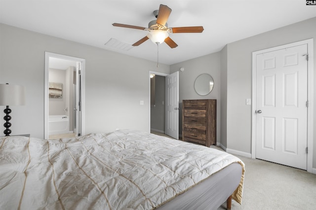 bedroom with baseboards, light carpet, visible vents, and a ceiling fan