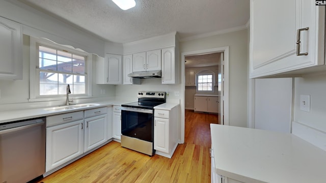 kitchen with stainless steel appliances, a sink, white cabinetry, and under cabinet range hood