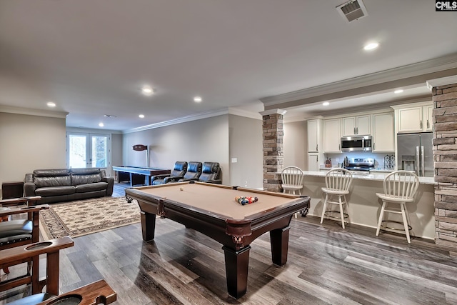 playroom featuring decorative columns, billiards, visible vents, dark wood finished floors, and recessed lighting