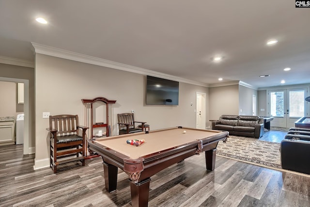 recreation room with french doors, washer / clothes dryer, wood finished floors, and recessed lighting