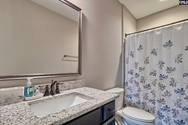 full bathroom with vanity, toilet, and a shower with curtain