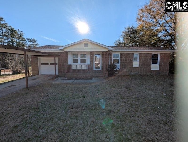 ranch-style house featuring brick siding, crawl space, an attached garage, and a front yard