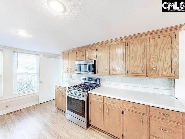 kitchen featuring appliances with stainless steel finishes, light countertops, light wood-style floors, and tasteful backsplash