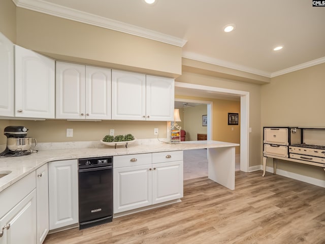 kitchen featuring light wood-style flooring, light stone countertops, crown molding, white cabinetry, and recessed lighting