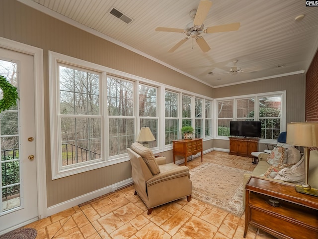 sunroom with wood ceiling and visible vents