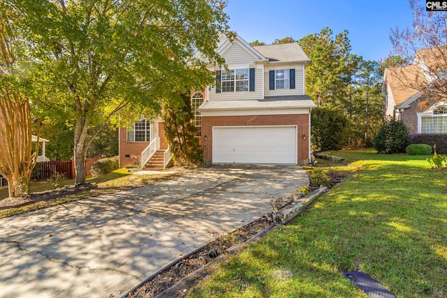 view of front facade with an attached garage, brick siding, driveway, crawl space, and a front yard