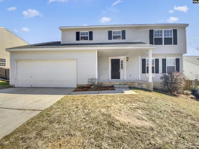 view of front facade featuring a garage, a porch, and concrete driveway