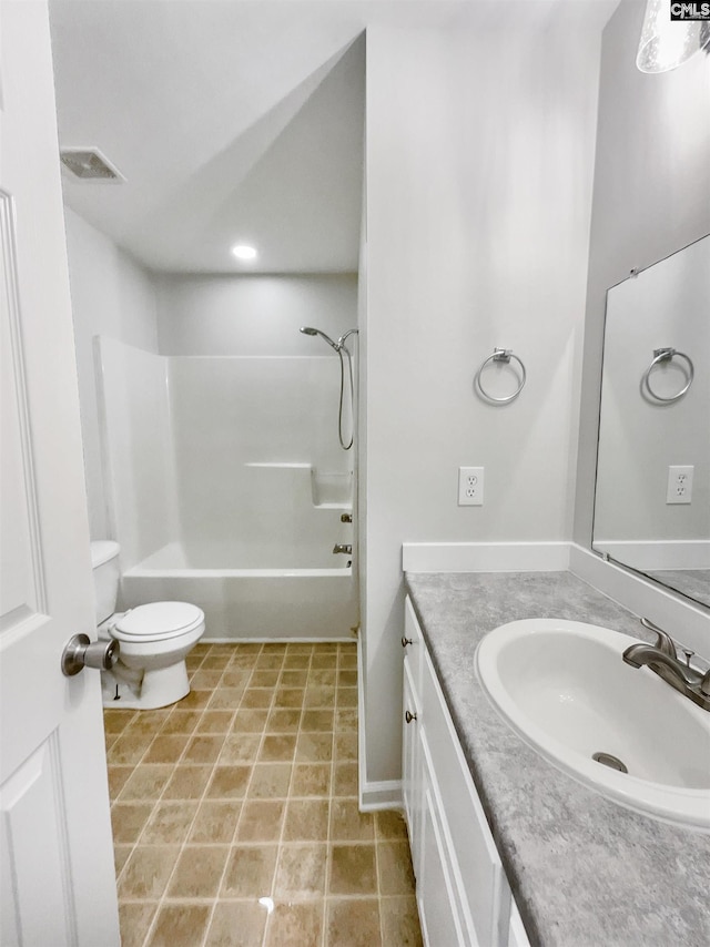 full bath featuring visible vents, toilet, tile patterned flooring, tub / shower combination, and vanity