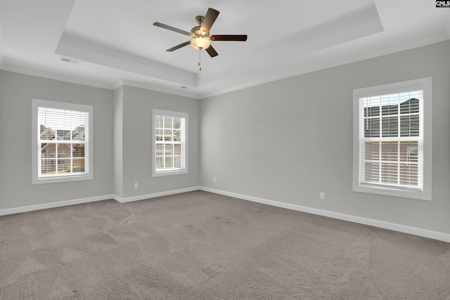 spare room featuring carpet flooring, baseboards, and a tray ceiling