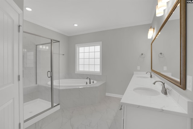 bathroom with a sink, a garden tub, marble finish floor, and crown molding