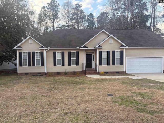 single story home featuring a front yard, driveway, an attached garage, a shingled roof, and crawl space