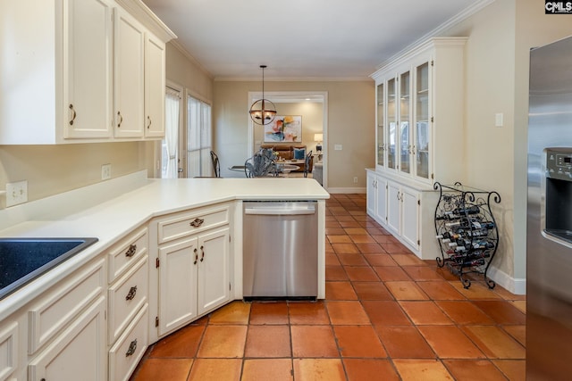 kitchen with ornamental molding, appliances with stainless steel finishes, a peninsula, white cabinets, and glass insert cabinets