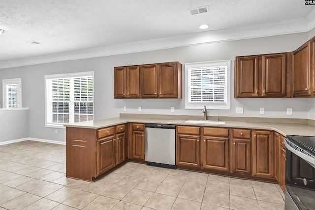 257 Castlebury Dr, Columbia, SC 29229 - kitchen with a peninsula, a sink, electric stove, dishwasher, and crown molding