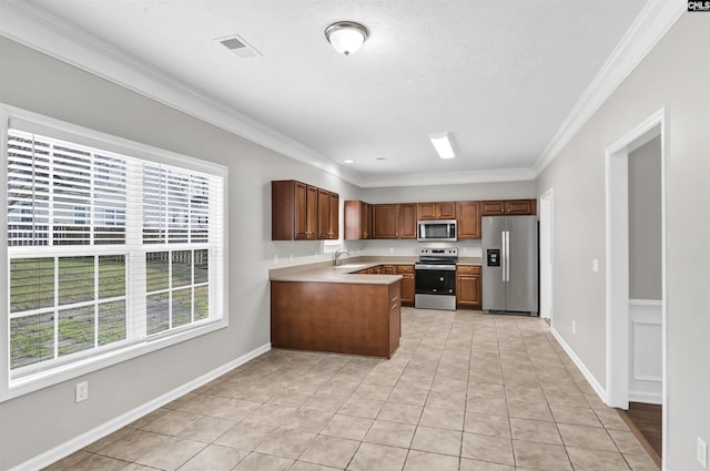 257 Castlebury Dr, Columbia, SC 29229 - kitchen featuring light tile patterned floors, visible vents, ornamental molding, a sink, and appliances with stainless steel finishes