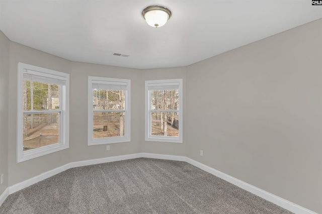 carpeted spare room with plenty of natural light, baseboards, and visible vents