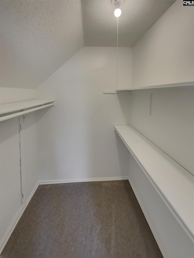 walk in closet with dark carpet and lofted ceiling