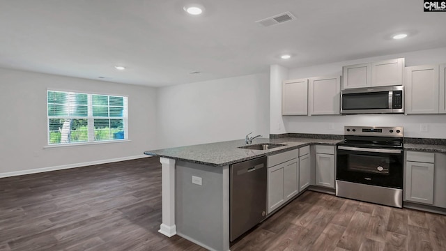 kitchen with visible vents, dark wood-type flooring, a sink, appliances with stainless steel finishes, and a peninsula