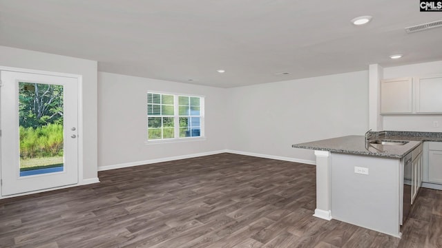 kitchen featuring a sink, dark wood-style floors, open floor plan, stone counters, and baseboards