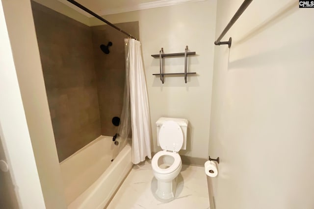 full bath with crown molding, baseboards, toilet, shower / bath combo, and marble finish floor