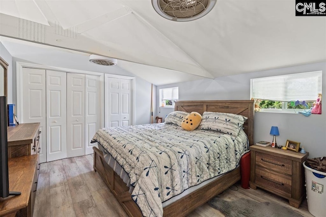 bedroom featuring lofted ceiling, light wood-style flooring, and multiple closets