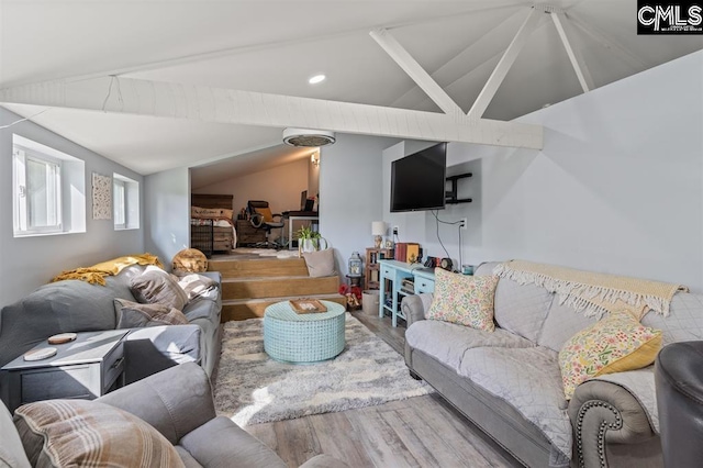 living room with wood finished floors and vaulted ceiling