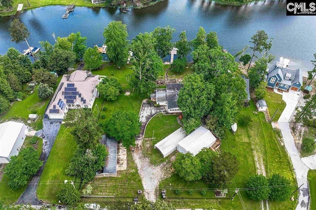 aerial view featuring a residential view and a water view