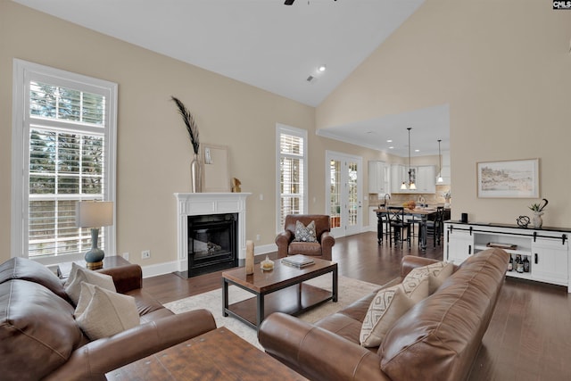 living area featuring plenty of natural light, wood finished floors, and a high end fireplace