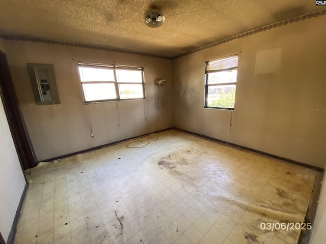 empty room with electric panel, light floors, a wealth of natural light, and a textured ceiling