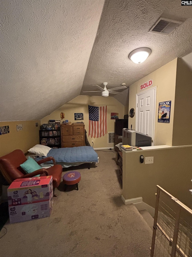 416 Knotts Ct, Lexington, SC 29073 - bedroom with visible vents, a ceiling fan, lofted ceiling, and carpet