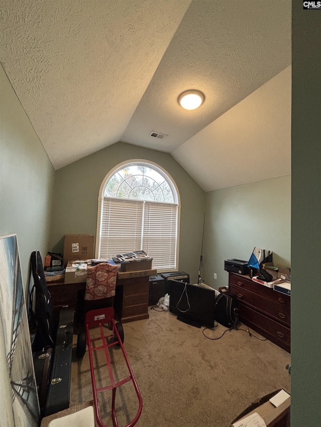 416 Knotts Ct, Lexington, SC 29073 - carpeted office featuring visible vents, lofted ceiling, and a textured ceiling