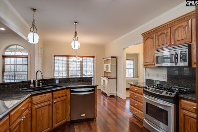 kitchen with a sink, dark wood-style floors, brown cabinetry, and stainless steel appliances