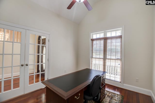 office with dark wood-style floors, french doors, baseboards, lofted ceiling, and ceiling fan