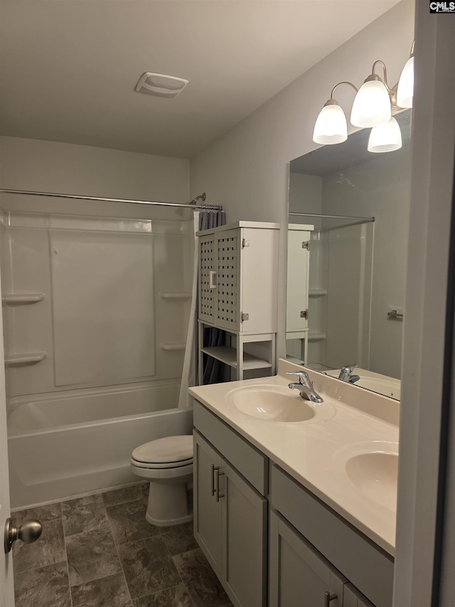 full bath with shower / bathtub combination with curtain, visible vents, double vanity, a sink, and toilet