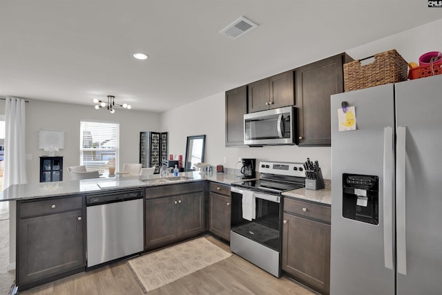 kitchen featuring visible vents, dark brown cabinetry, appliances with stainless steel finishes, a peninsula, and a sink