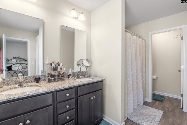 bathroom featuring double vanity, wood finished floors, baseboards, and a sink