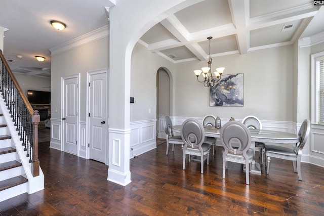 dining area with visible vents, beamed ceiling, stairway, coffered ceiling, and wood-type flooring