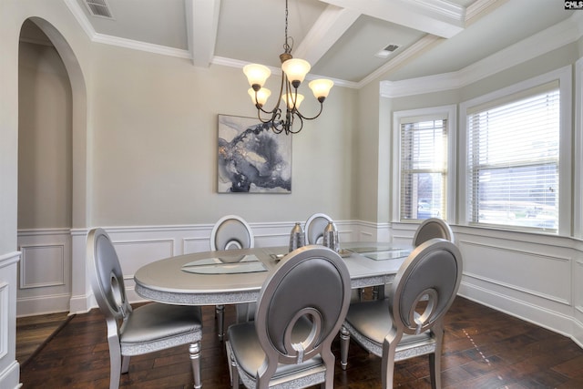 dining area featuring dark wood finished floors, visible vents, beamed ceiling, and an inviting chandelier