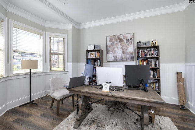 office area with a wainscoted wall, ornamental molding, and wood finished floors