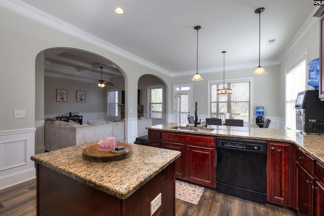 kitchen with visible vents, a sink, black dishwasher, arched walkways, and dark brown cabinets