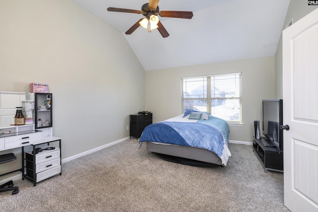 bedroom featuring ceiling fan, vaulted ceiling, baseboards, and light carpet