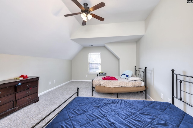 bedroom featuring baseboards, carpet, a ceiling fan, and vaulted ceiling