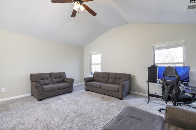 living room featuring visible vents, plenty of natural light, carpet, and lofted ceiling