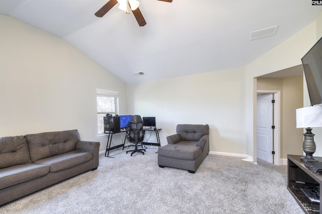 living area with vaulted ceiling, carpet, visible vents, and baseboards