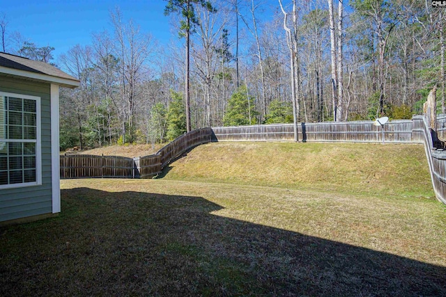 view of yard featuring a view of trees and a fenced backyard