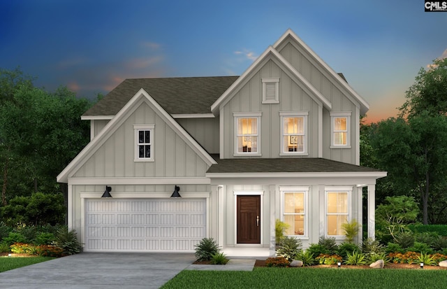 modern farmhouse with a garage, board and batten siding, driveway, and a shingled roof