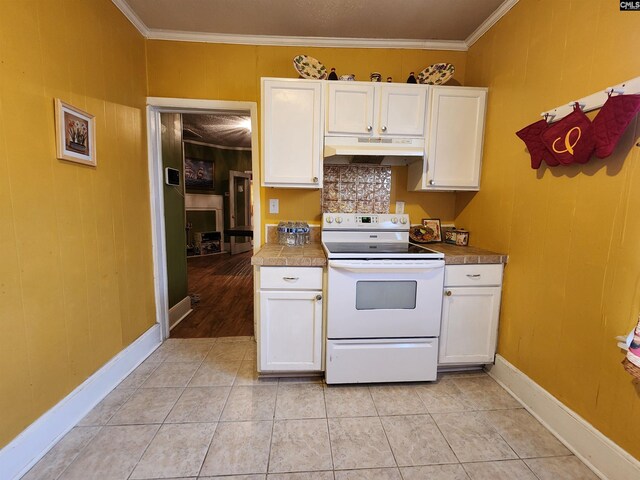 kitchen with white range with electric cooktop, white cabinets, and under cabinet range hood